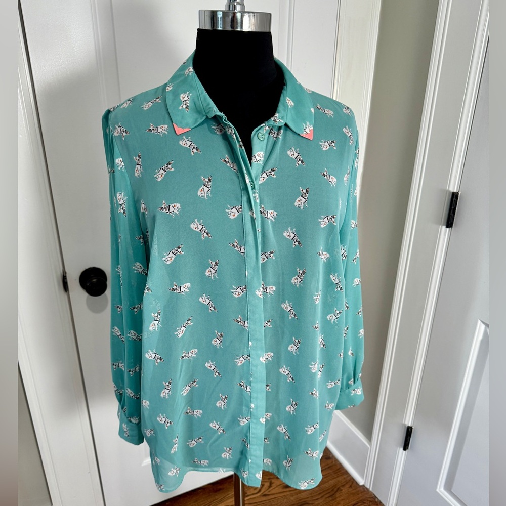 ASOS Curve French Bulldog Print Turquoise Blouse, Size 16